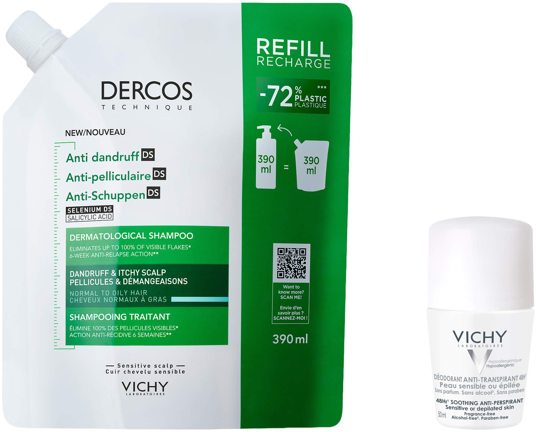 Vichy Dercos Anti-Schuppen Shampoo fettige Kopfhaut Nachfüllpack 390ml + gratis Vichy Deo Roll-on 50ml