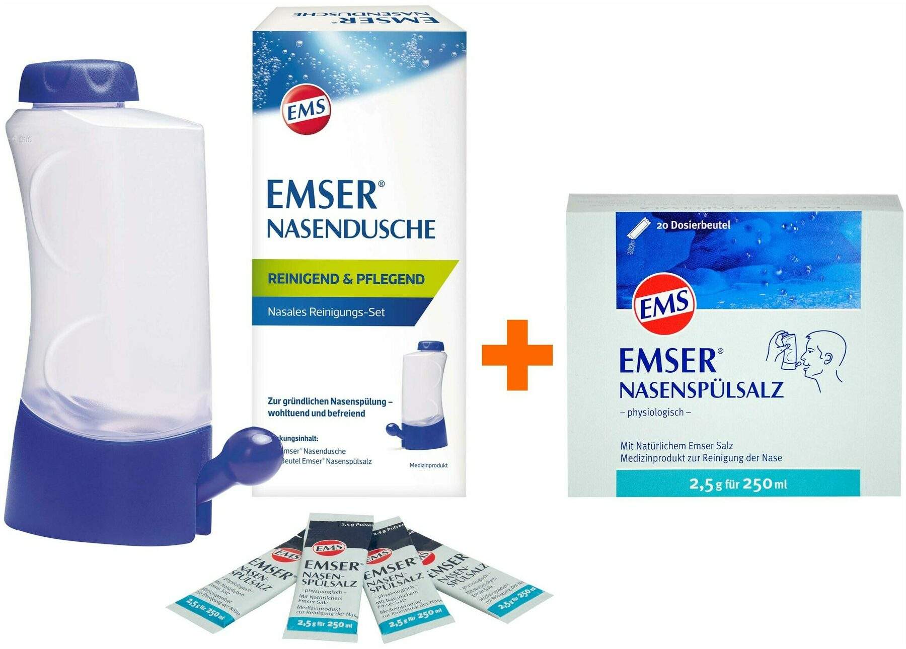 Emser Nasendusche mit 4 Beuteln Nasenspülsalz + Emser Nasenspülsalz physiologisch 20 Beutel Pulver
