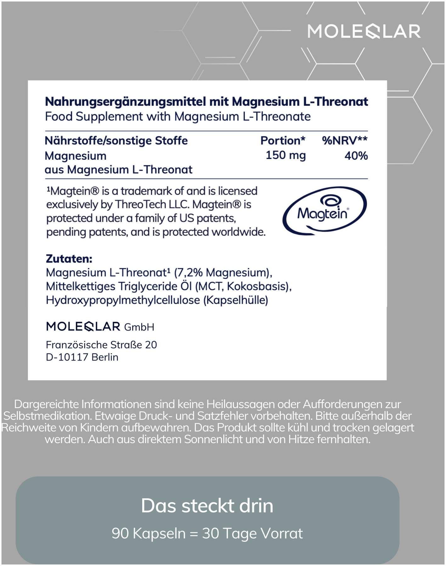 MoleQlar Magtein Magnesium-L-Threonate 90 Kapseln