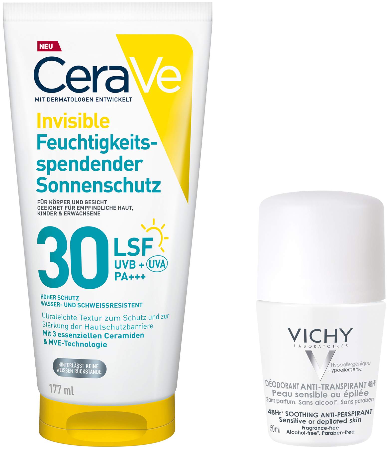 CeraVe Feuchtigkeitsspendender Sonnenschutz LSF 30 177 ml + gratis Vichy Deo Stress Resist 72h 50 ml