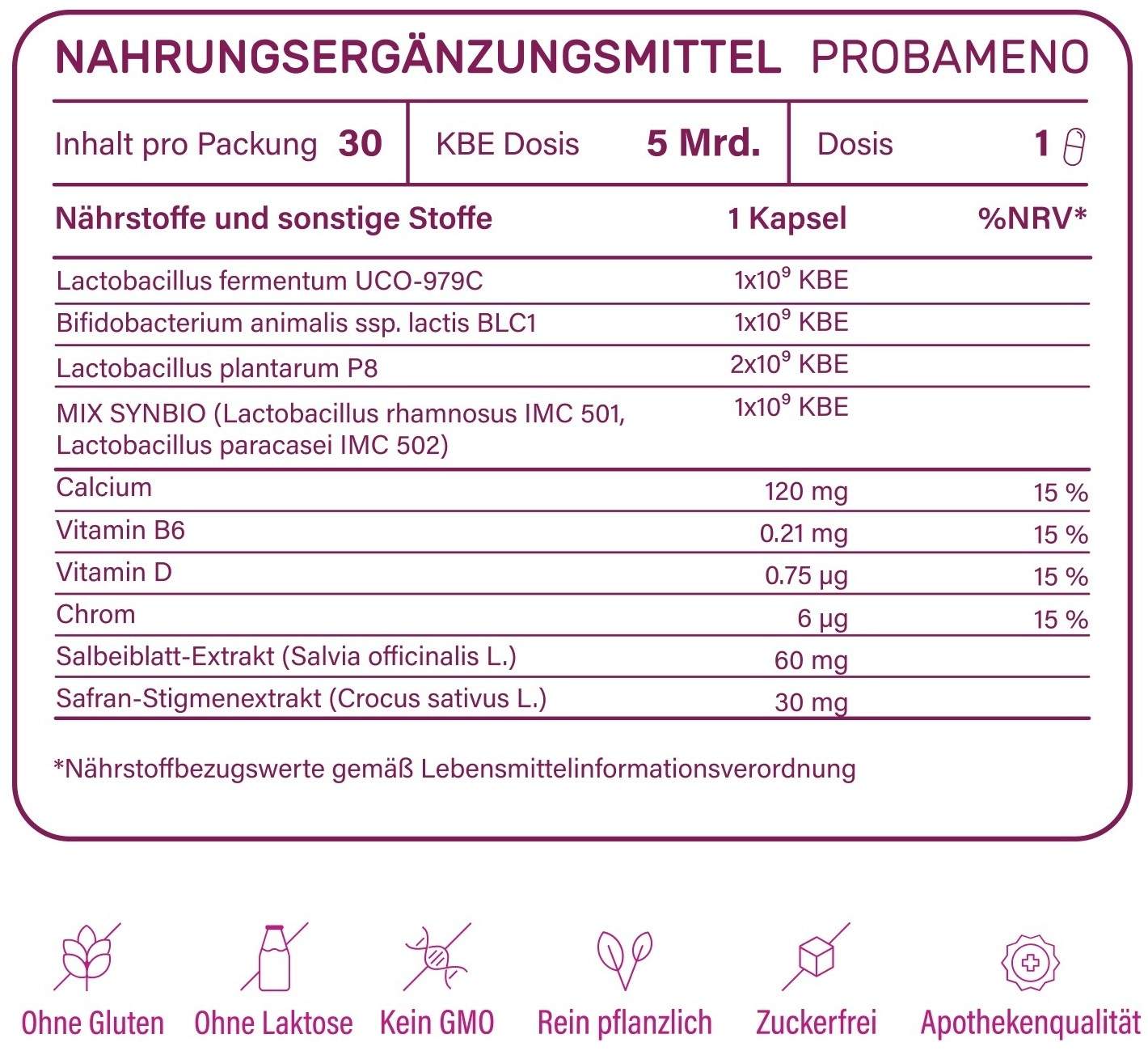 Nupure Probameno Milchsäurebakterien + Vitamine 30 Kapseln