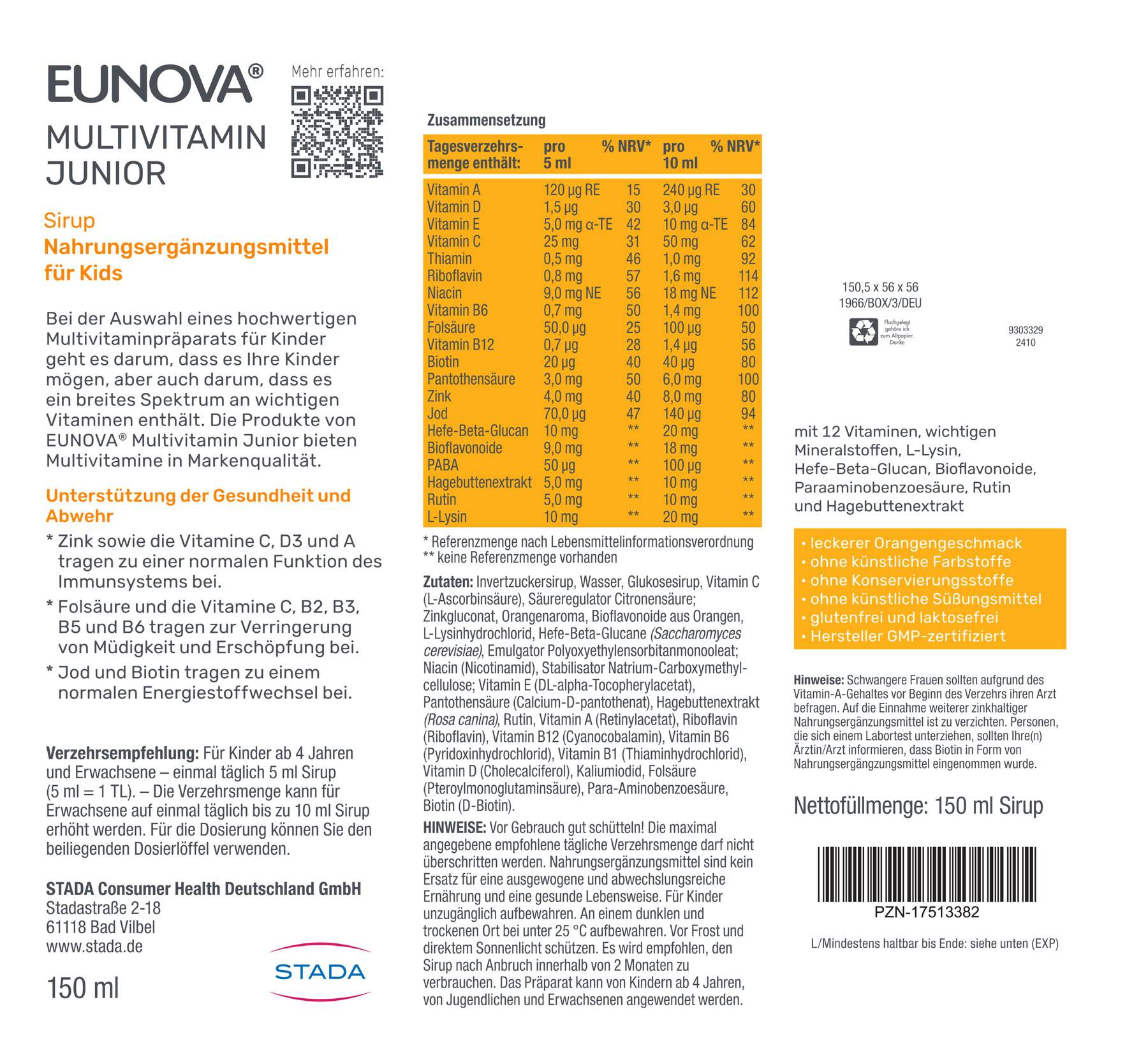 Eunova Junior Sirup Mit Orangengeschmack 150 ml