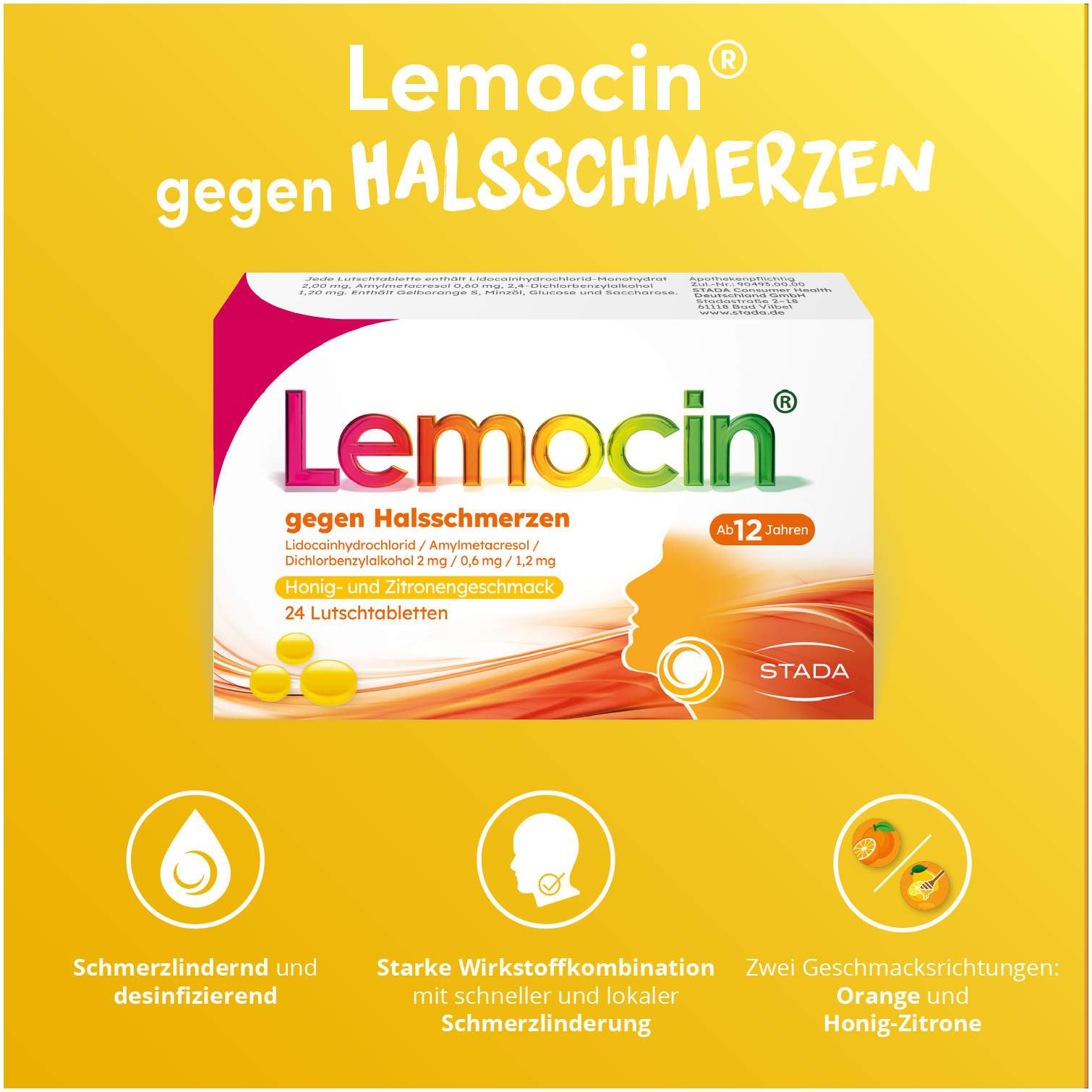 Lemocin gegen Halsschmerzen mit Honig-Zitronengeschmack 24 Lutschtabletten