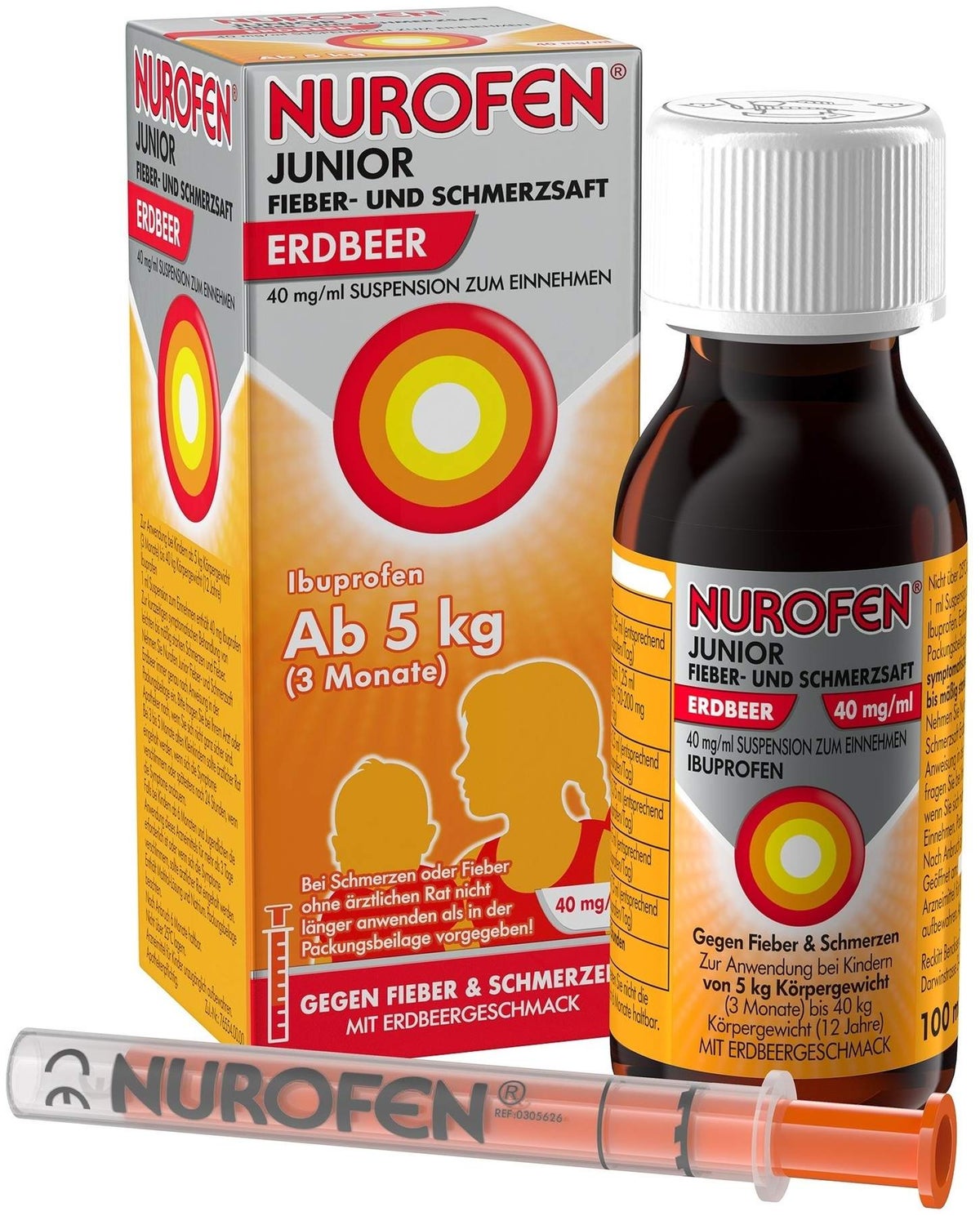 Nurofen Junior Fieber- & Schmerzsaft Erdbeer 40 mg pro ml 100 ml Suspension