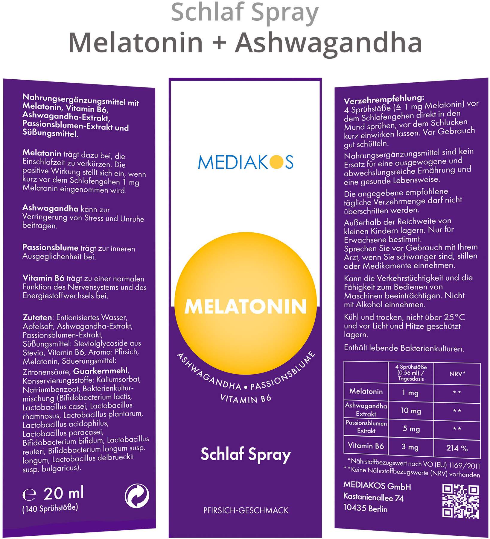 Melatonin Ashwagandha Mediakos Schlaf Spray Vegan 20ml