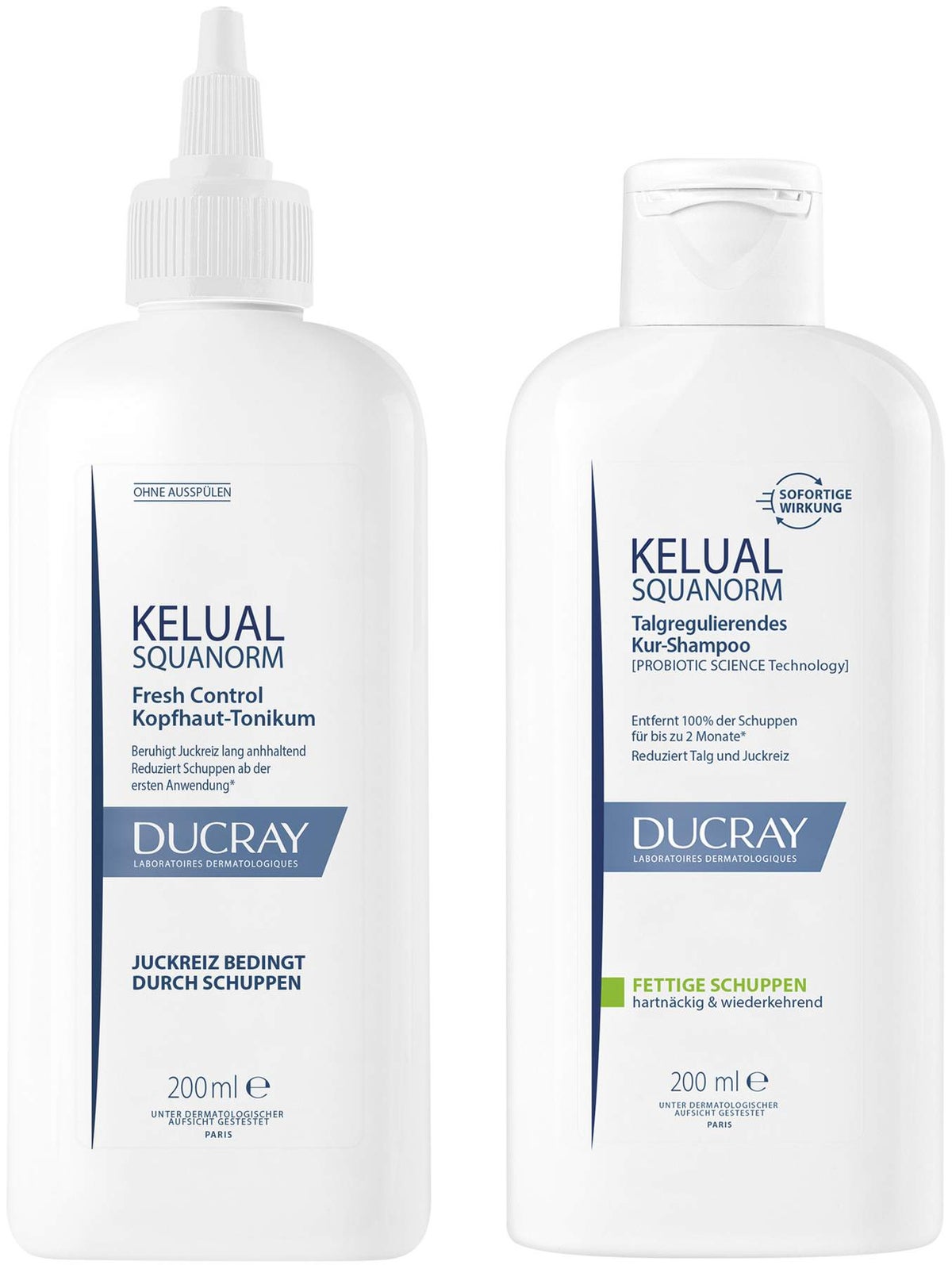 Ducray Kelual Squanorm Kopfhaut Tonikum 200 ml + Kelual Squanorm fettige Schuppen 200 ml Shampoo