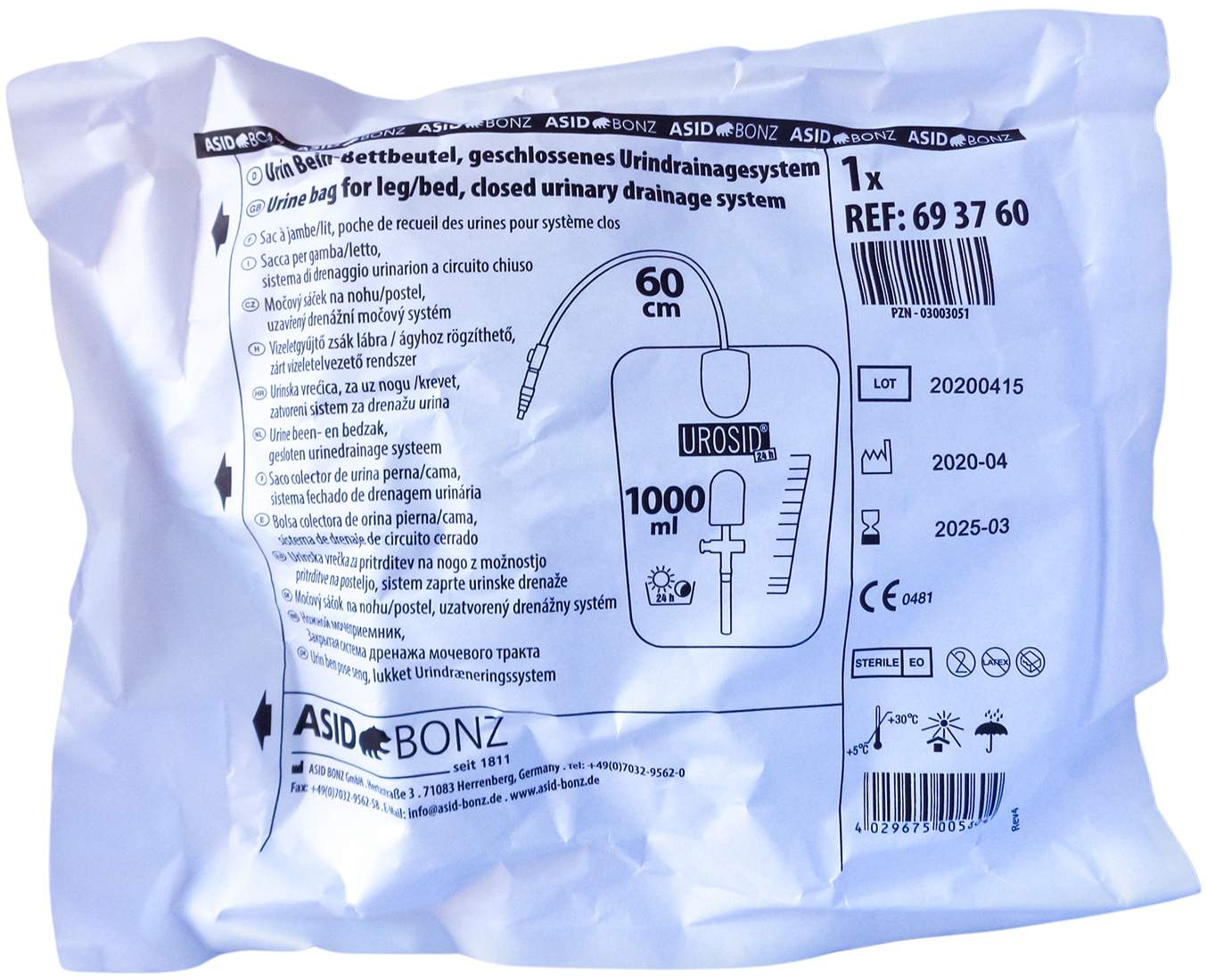 Urinbeutel Steril 24h 1 L 60 cm Schlauch
