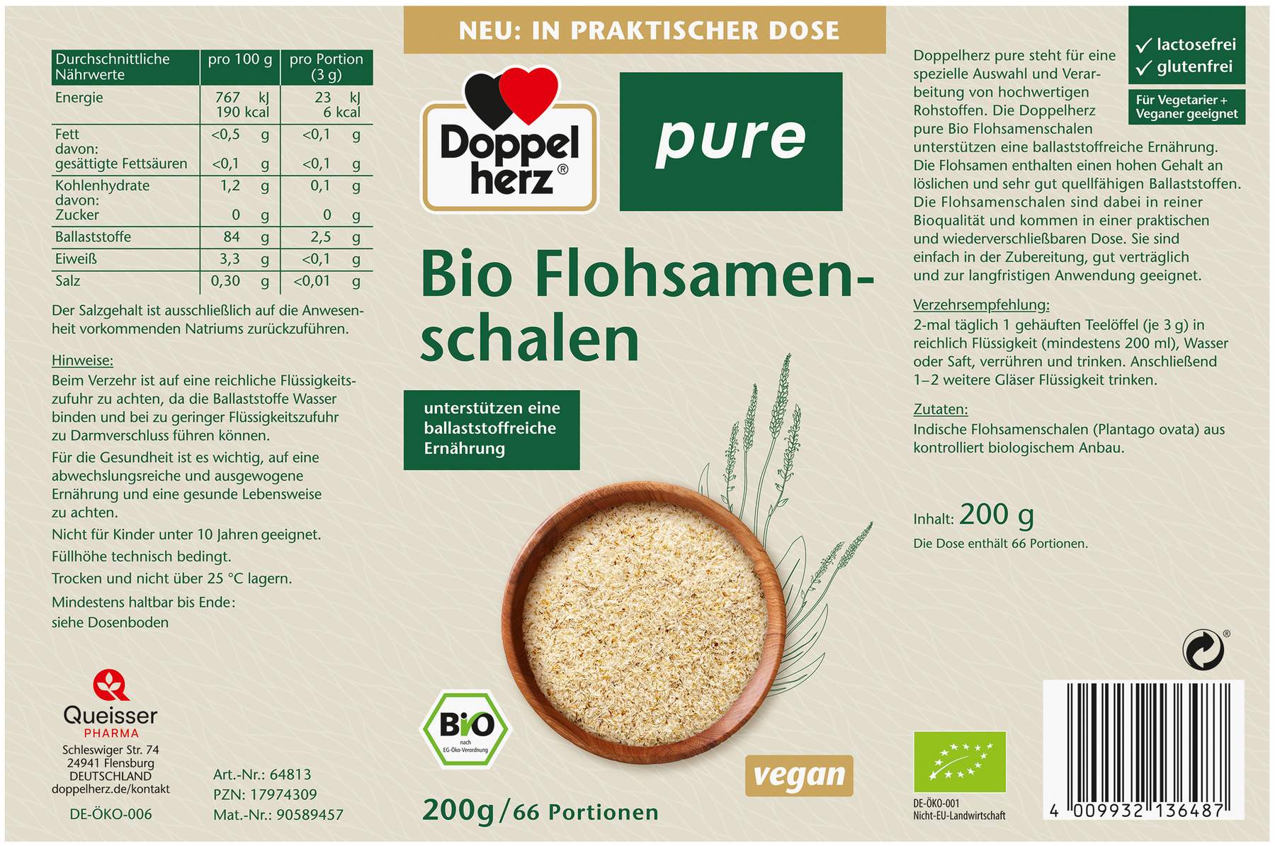Doppelherz Pure Bio Flohsamenschalen Pulver 200 G
