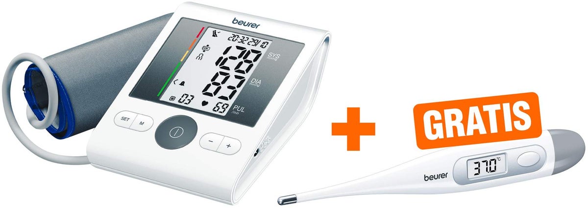 BEURER Oberarm Blutdruckmessgerät BM28 + gratis BEURER digitales Fieberthermometer FT09-1