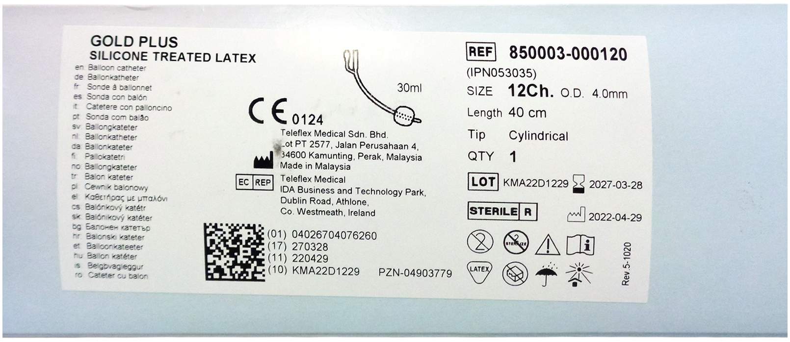 Katheter Ballon Gold Plus Nelaton Ch12 30ml Latex