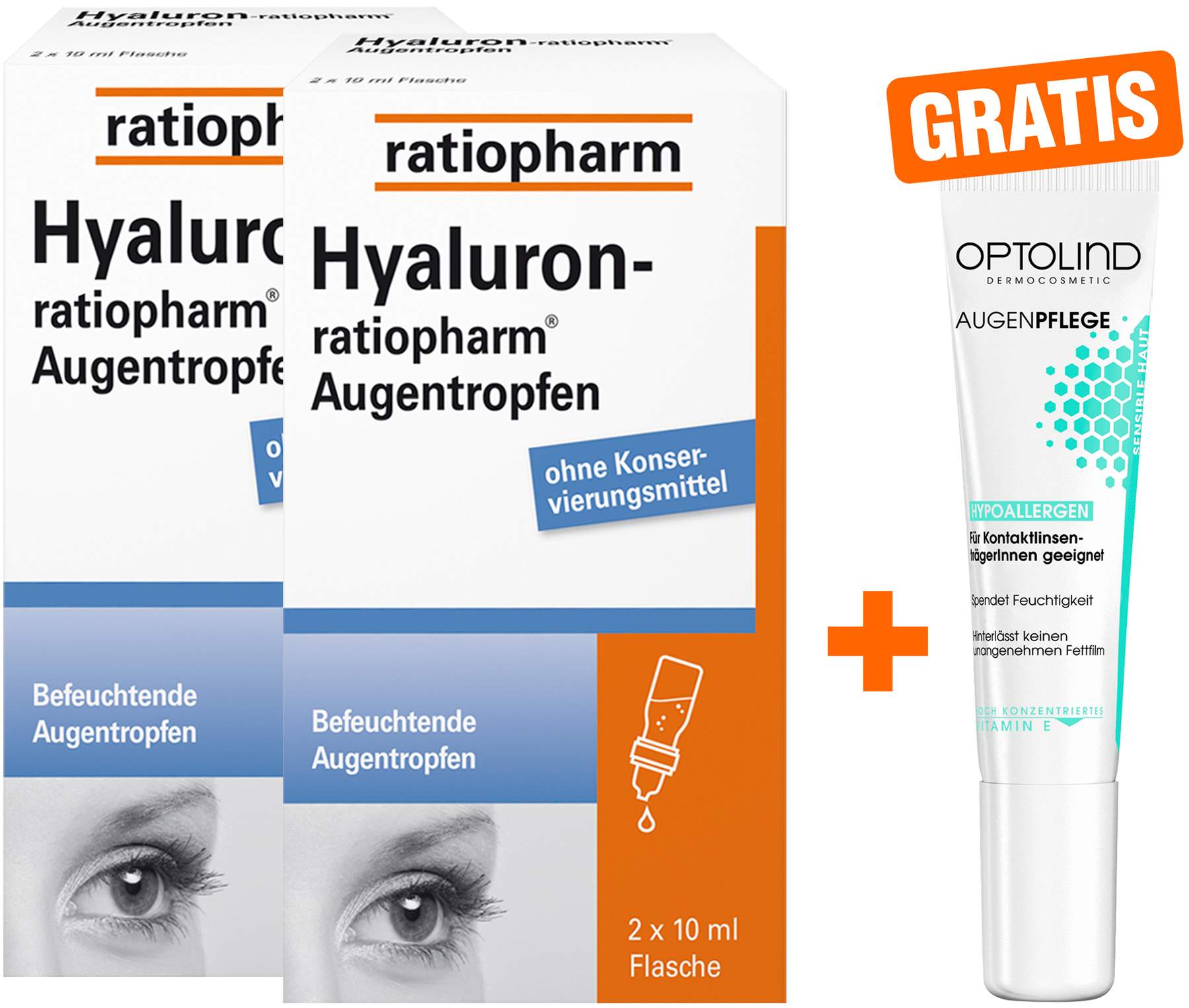 Hyaluron-Ratio Augentropfen 2x10ml + gratis Optolind Empflindl. Haut Augenpflege 15 ml