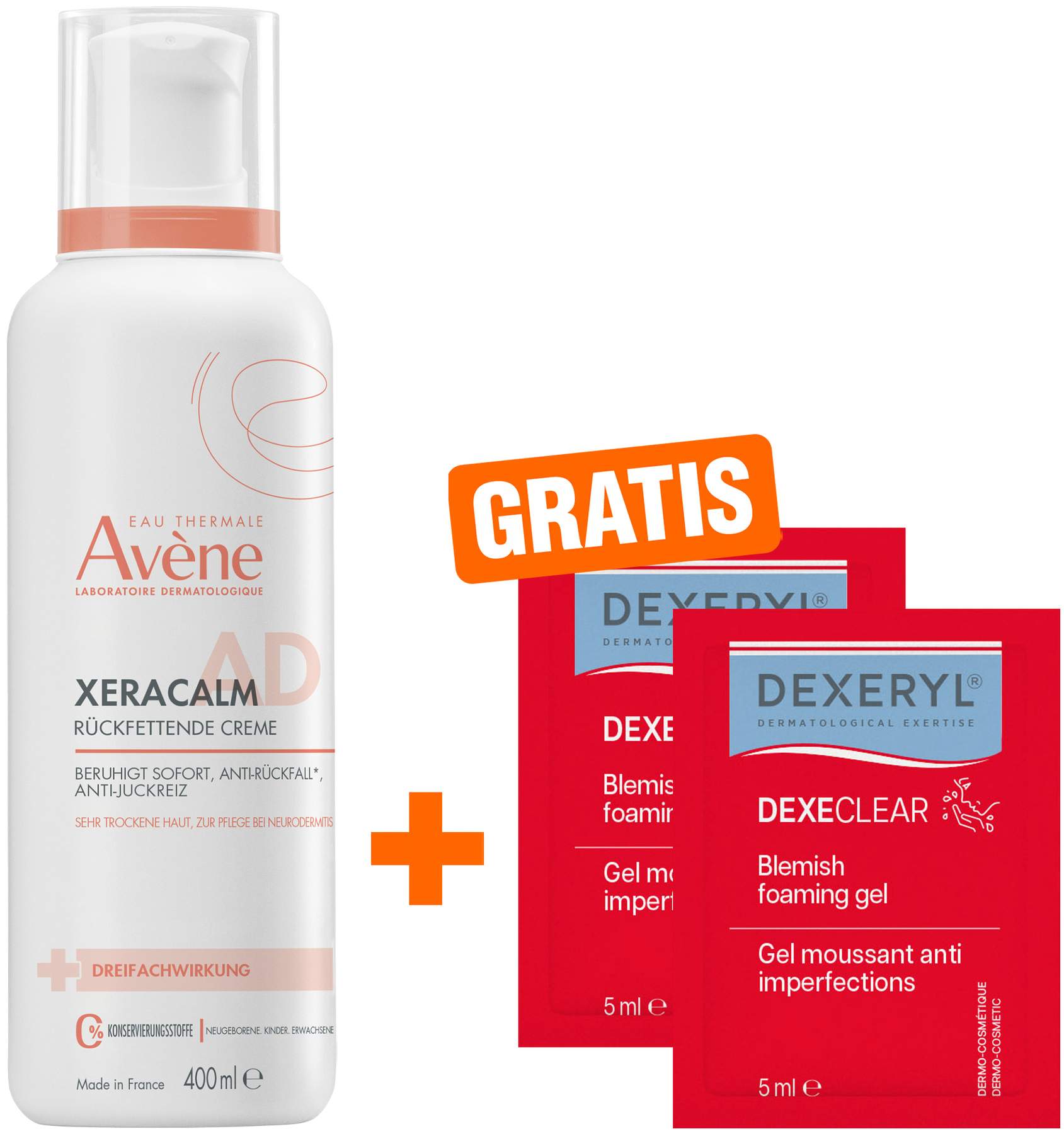 Avene XeraCalm A.D Creme 400 ml + gratis Dexeryl Dexeclear schäumendes Reinigungsgel 2 x 5 ml