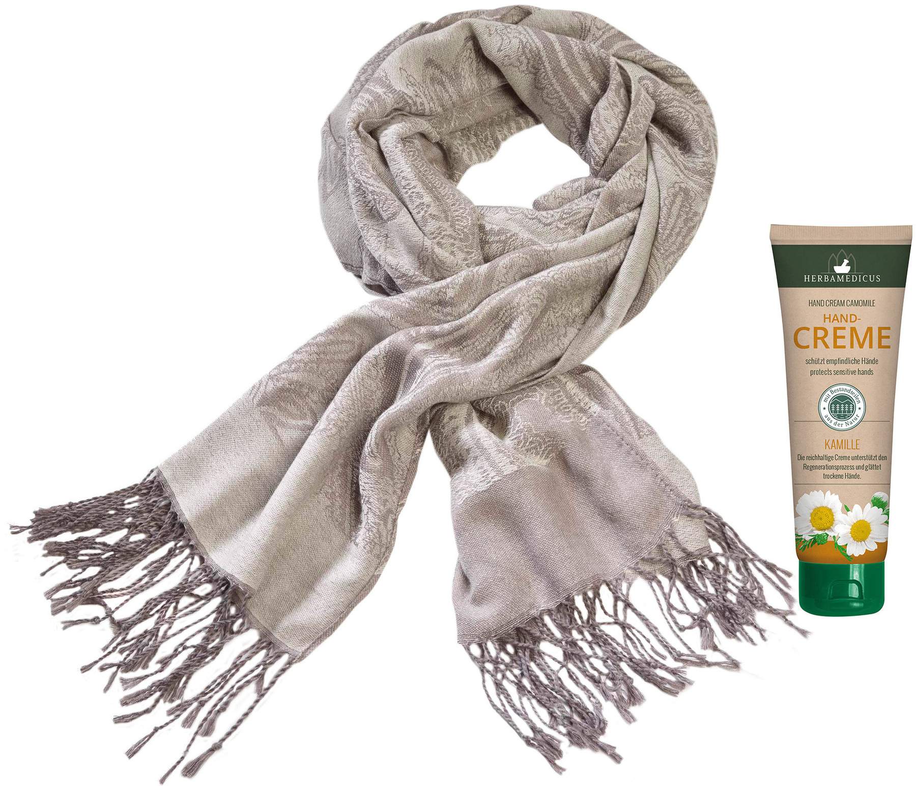 Schal mit Kaschmir, Elegant, grau + Handcreme Kamille Gratis