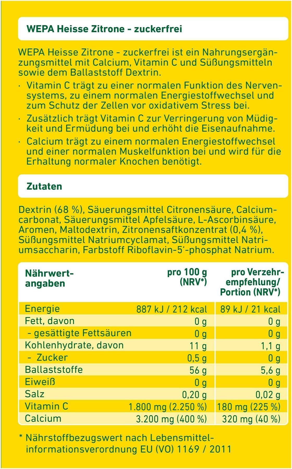WEPA heisse Zitrone + Vitamin C + Calcium zuckerfrei Pulver 10 x 10 g