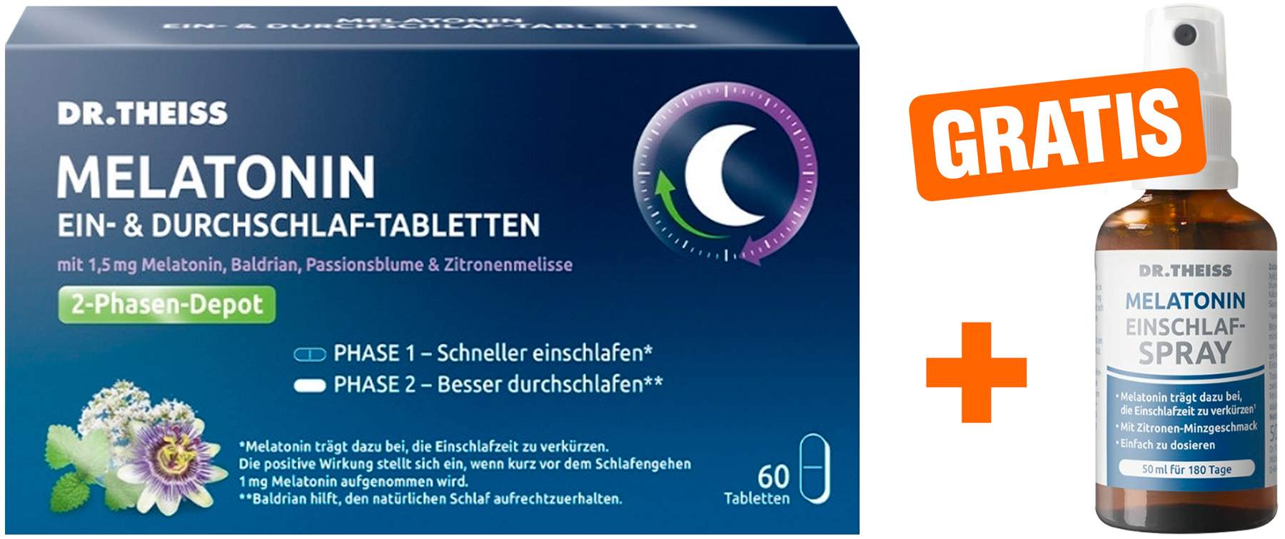 Dr.Theiss Melatonin Ein- & Durchschlaf Tabletten 60 Stück + Melatonin Einschlafspray 50 ml