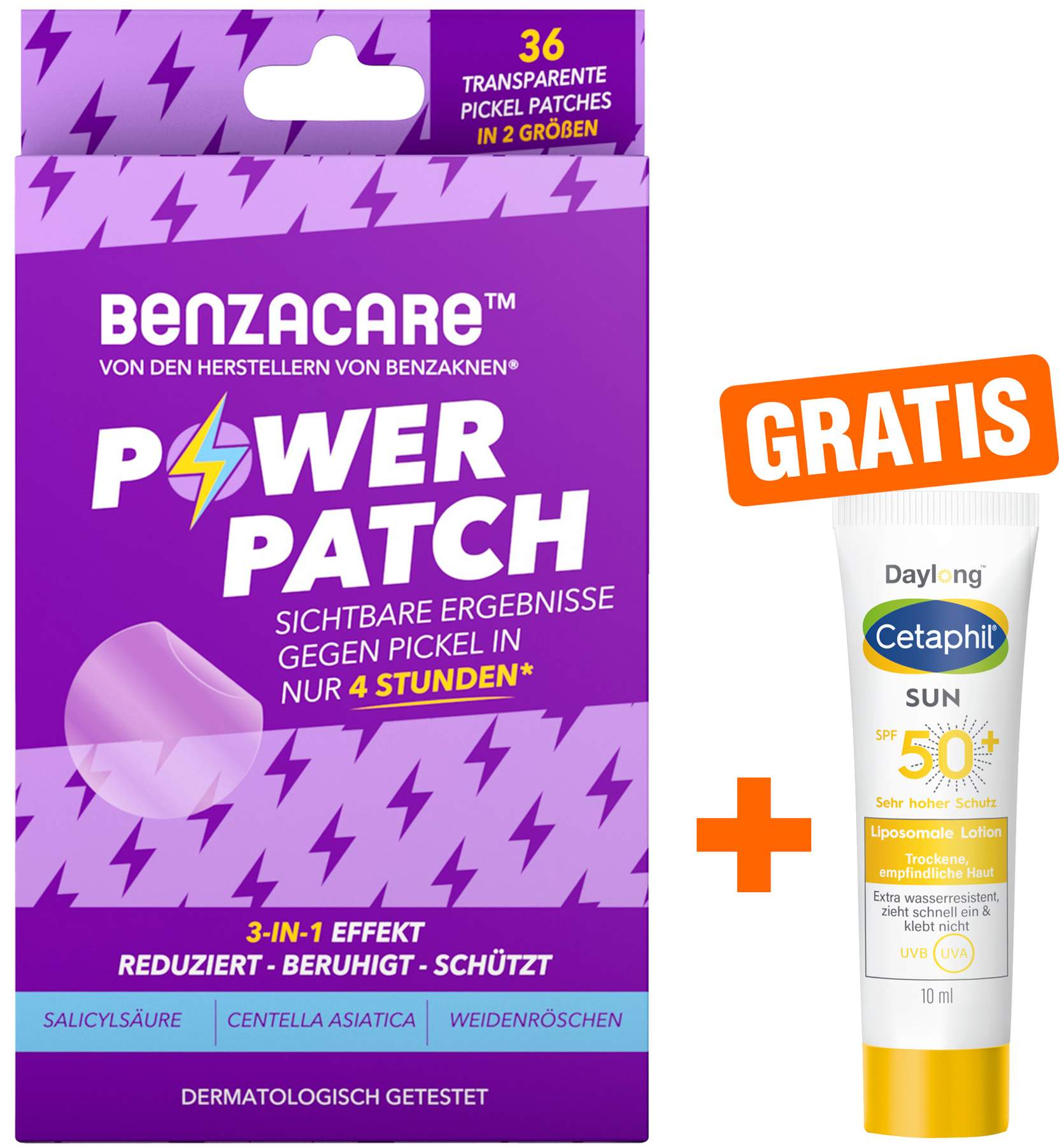 Benzacare Power Patch gegen Pickel 36 Pflaster + gratis Cetaphil Sun Daylong SPF 50+ liposomale Lotion 10 ml