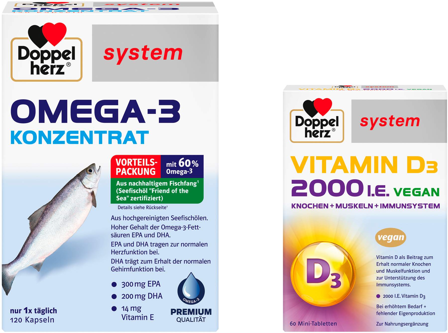Doppelherz system Omega 3 Konzentrat Kapseln 120 Stück + gratis Doppelherz Vitamin D3 2000 I.E. vegan 60 Tabletten