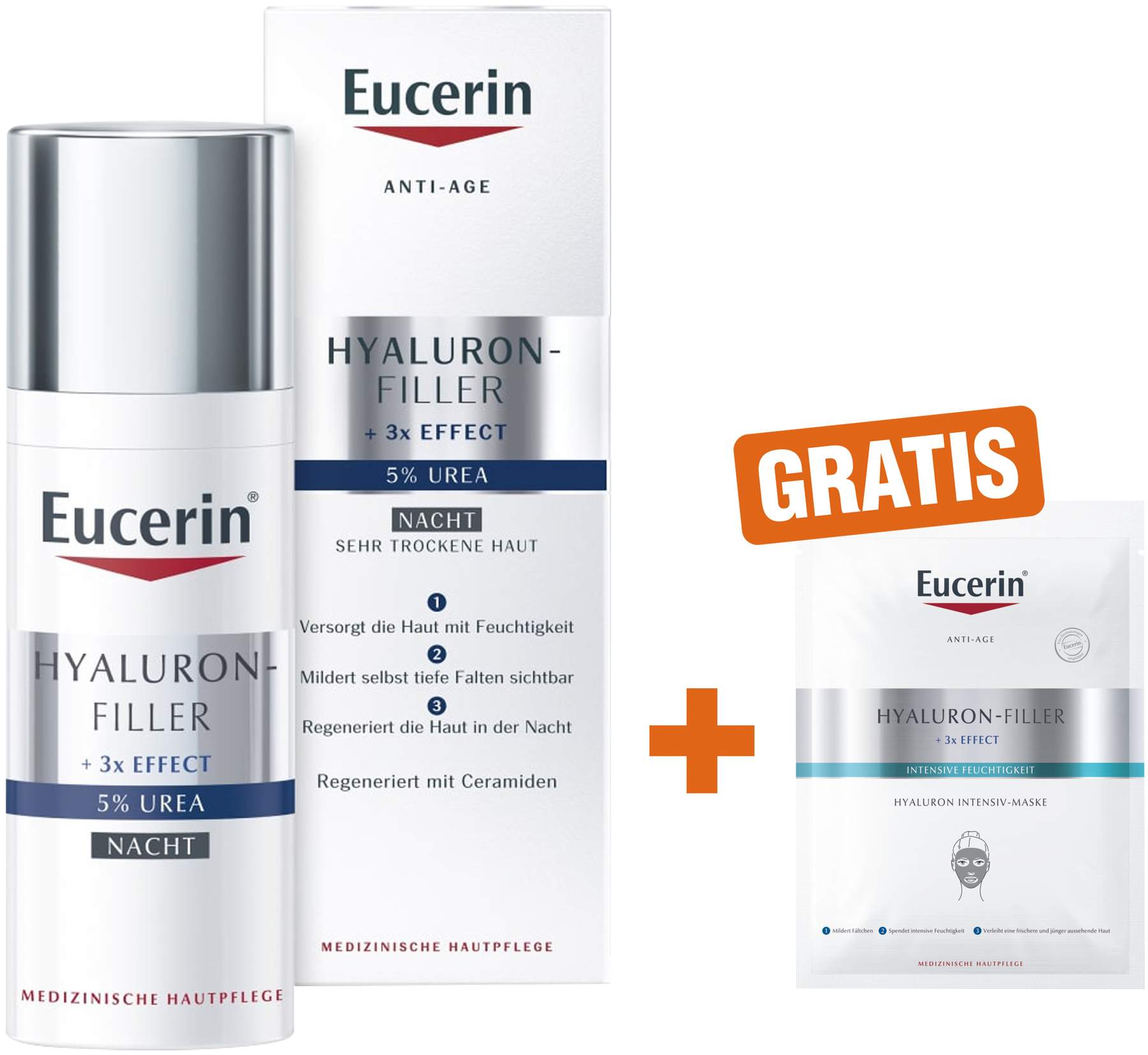 Eucerin AntiAge Hyaluron-Filler Urea Nachtpflege 50 ml Creme + gratis Anti Age Hyaluron Filler Intensiv Maske 1 Stück