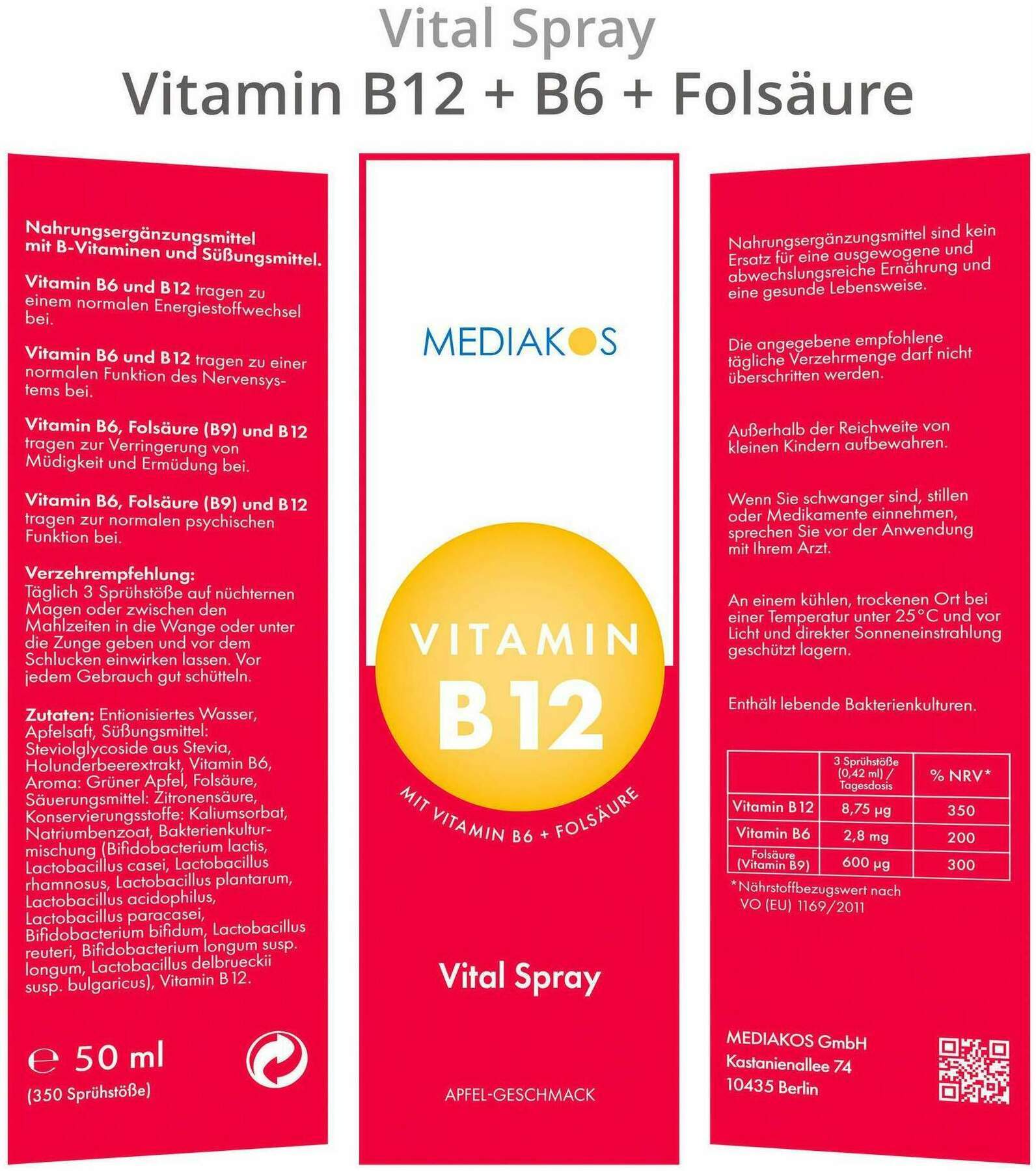 Vitamin B12 + B6 + Folsäure Mediakos Vital Spray 50 ml
