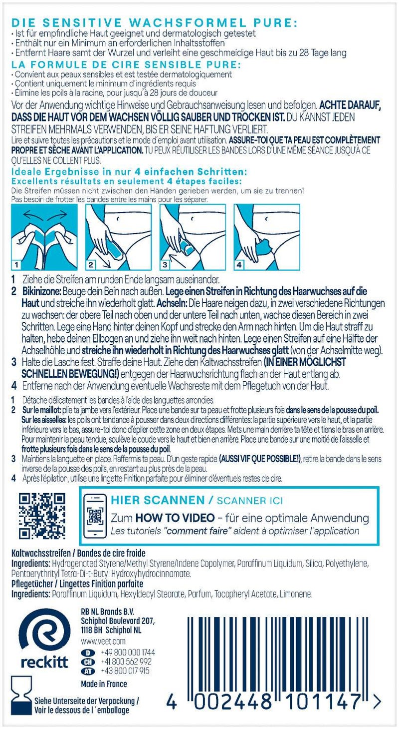 Veet Kaltwachsstreifen Bikinizone und Achseln 16 Stück + 4 Tücher