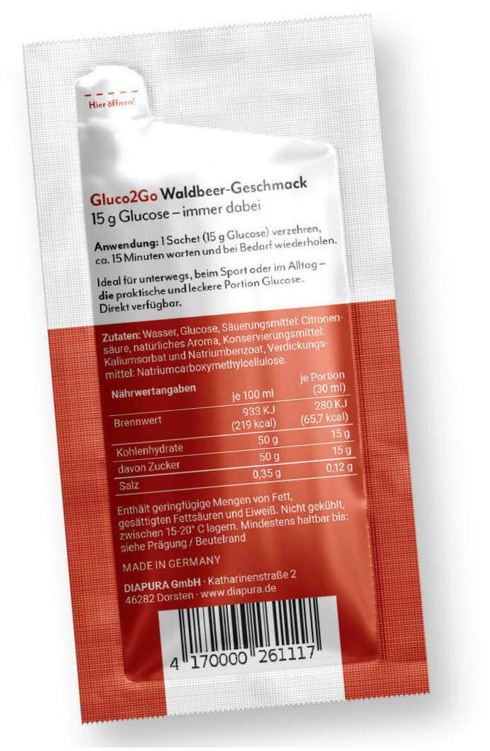 Diapura Gluco2Go Glucose-Gel 15 g Waldbeerengeschmack 12 Beutel je 30 ml