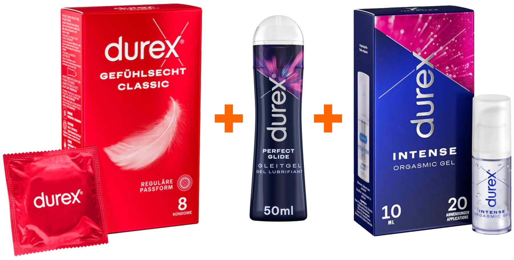 Durex  Gefühlsecht Classic 8 Kondome + Perfect Glide Gleitgel 50 ml + Intense Orgasmic Gel 10 ml