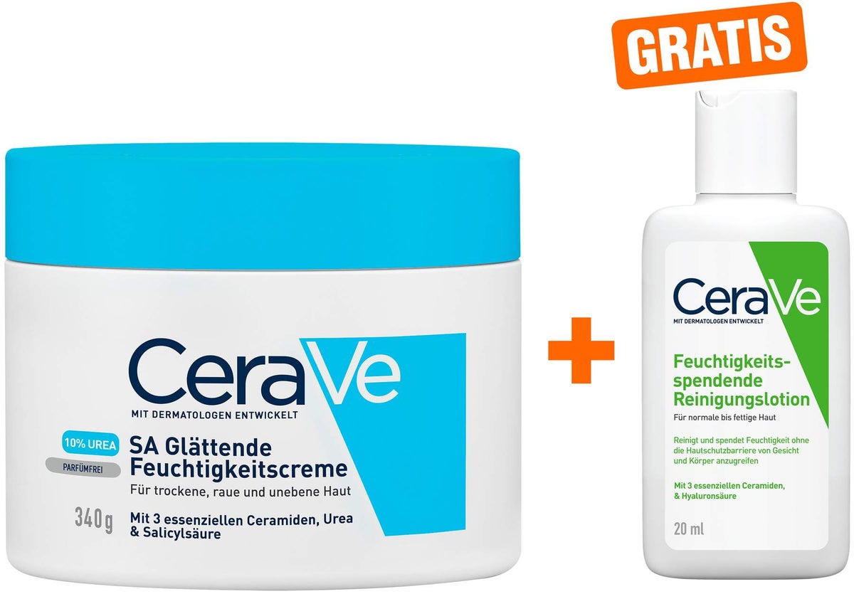 CeraVe SA Urea Glättende Feuchtigkeitscreme 340 g + gratis Feuchtigkeitsspendende Reinigungslotion 20 ml