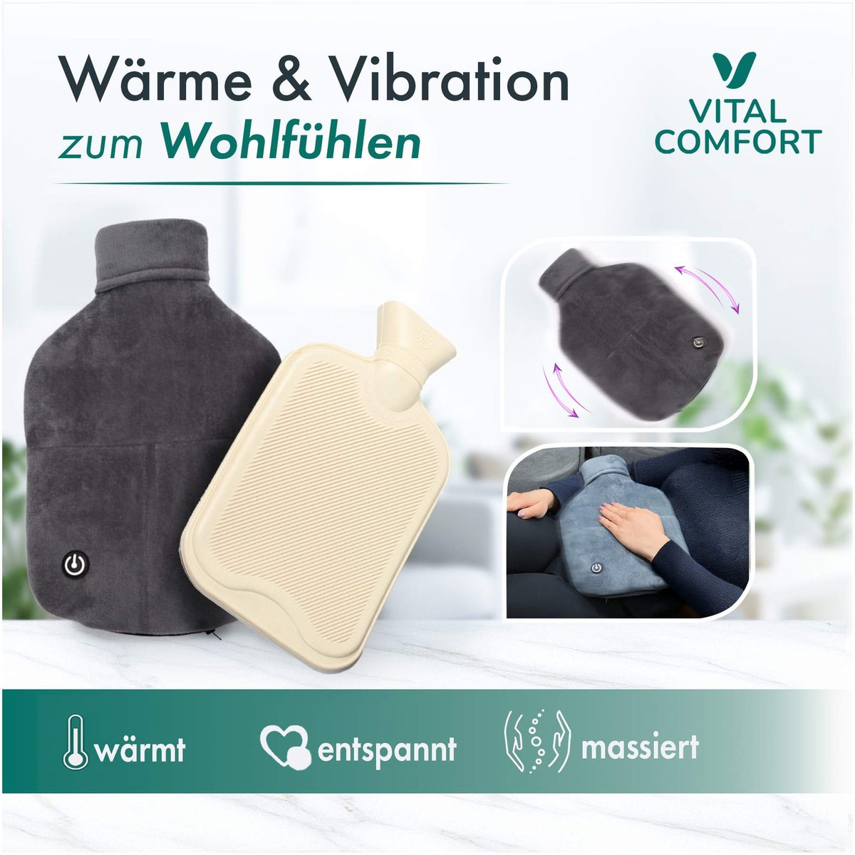 Vital Comfort Vibro-Warm Massage-Wärmflasche Grau 1 Stück