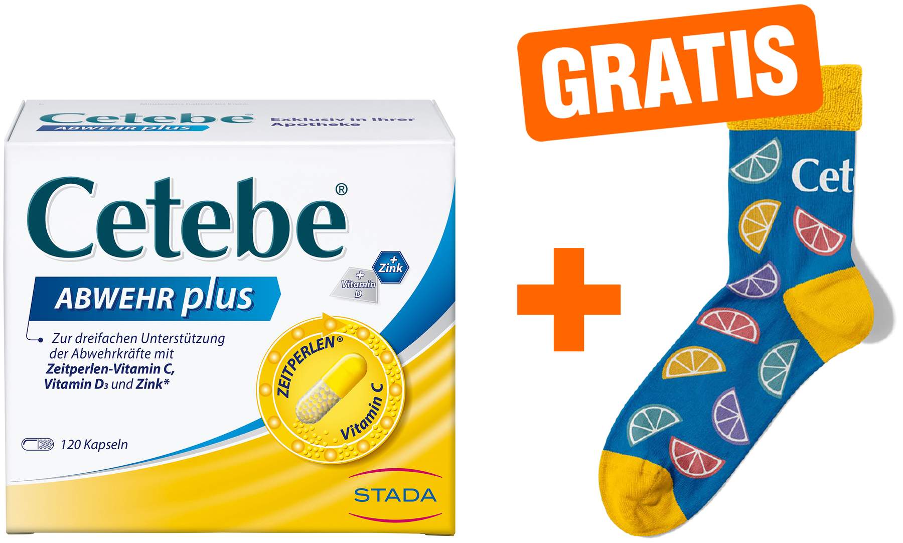 Cetebe Abwehr plus Vitamin C + Vitamin D3 + Zink 120 Kapseln + gratis Kuschelsocken