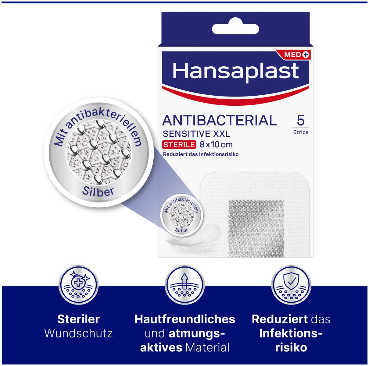 Hansaplast antibakteriell Sensitive XXL 8x10 cm 5 Pflaster