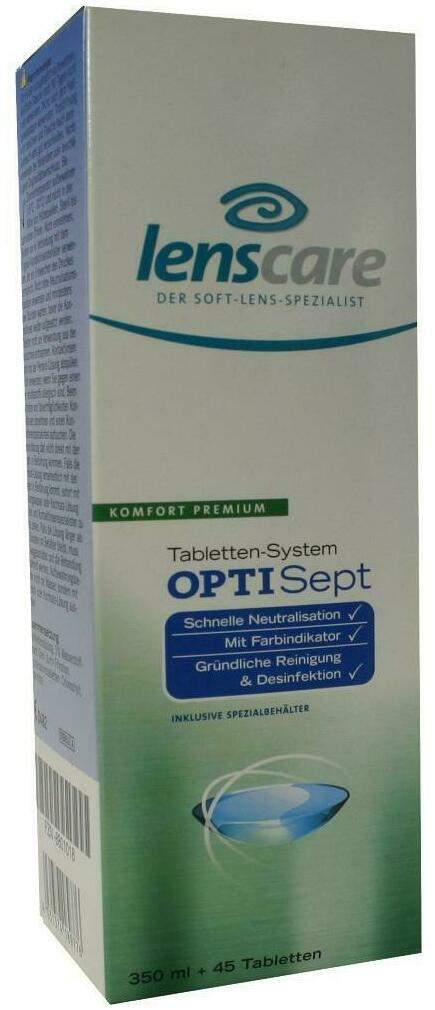 Lenscare Optisept Kombipackung 350 ml + 45 Tabletten + 1 Behälter