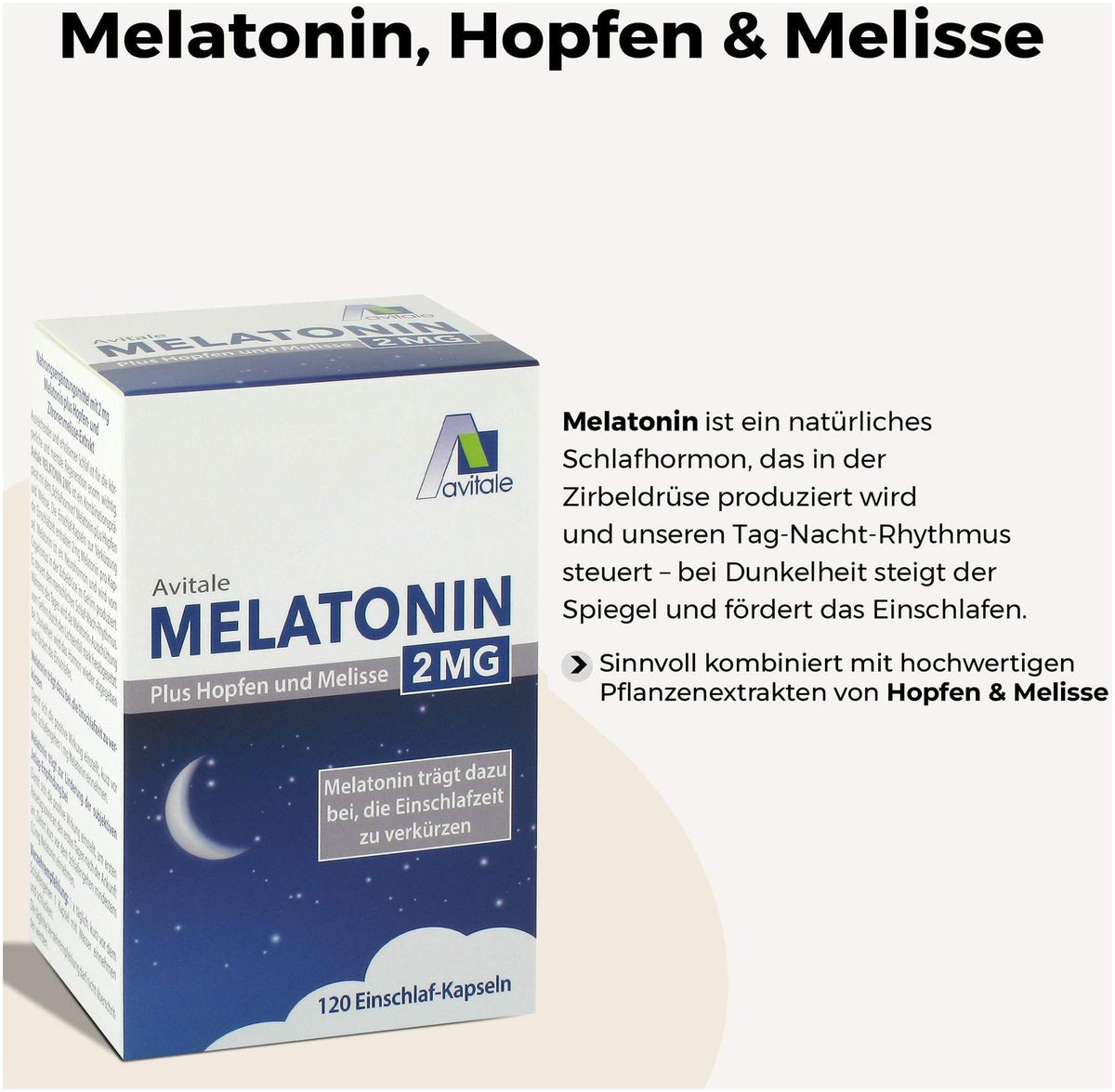 Melatonin 2 mg plus Hopfen und Melisse 120 Kapseln