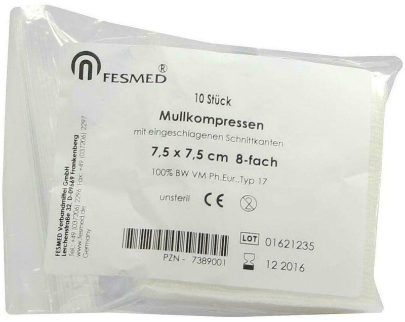 Mullkompressen Es 7,5 X 7,5 cm 8 - Fach Unsteril  10 Kompressen