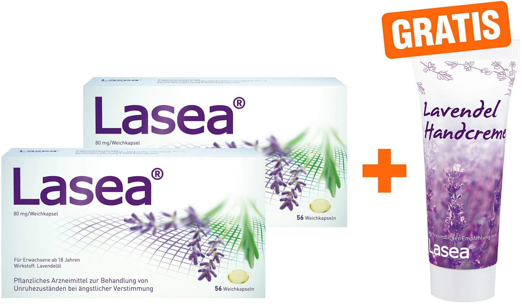 Lasea 2 x 56 Weichkapseln + gratis Lasea Lavendel Handcreme