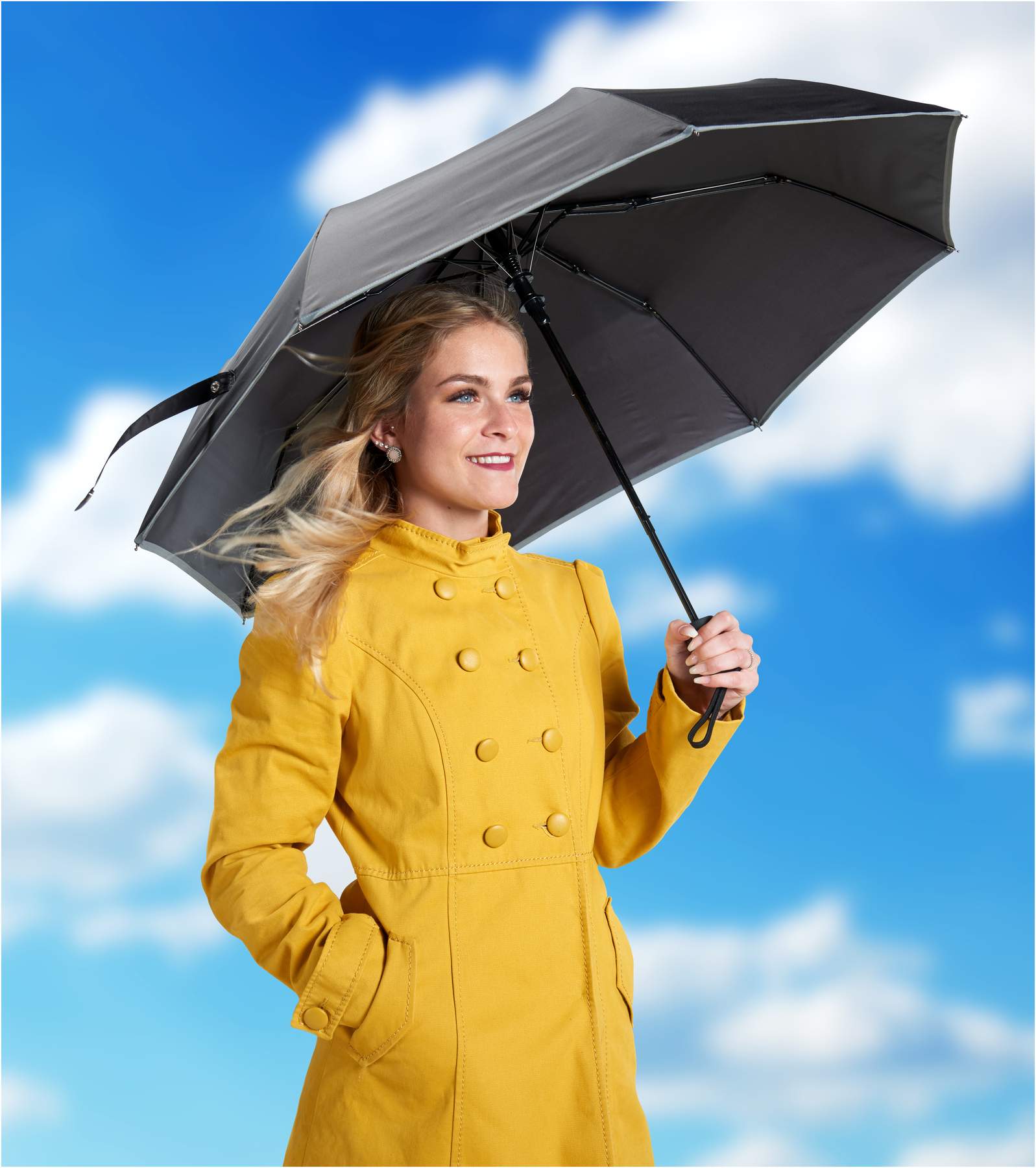 Sturm Regenschirm, faltbar mit Schutzhülle, schwarz