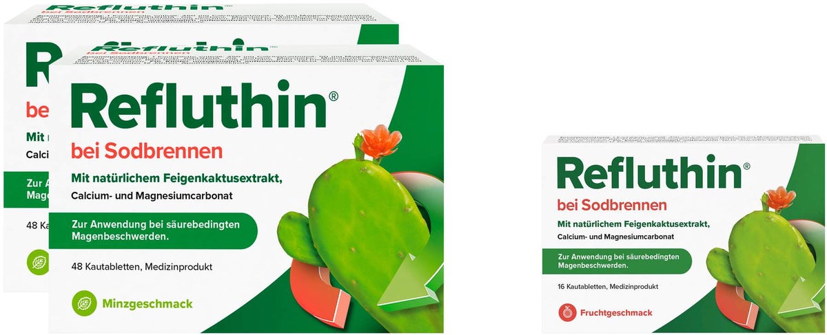 Refluthin Kautabletten Minzgeschmack 2 x 48 Stück + gratis Refluthin Kautabletten Fruchtgeschmack 16 Stück