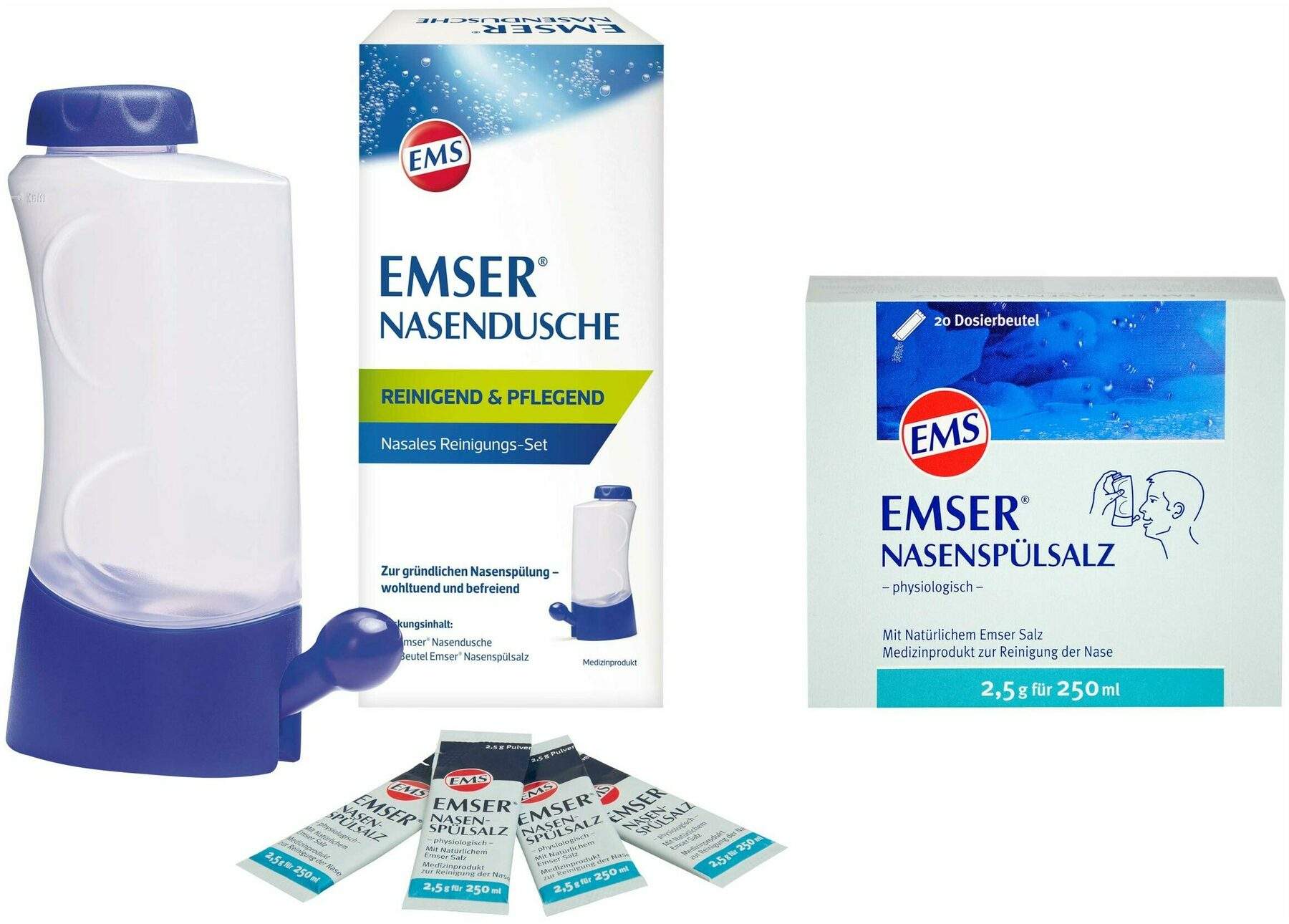 Emser Nasendusche mit 4 Beuteln Nasenspülsalz + Emser Nasenspülsalz physiologisch 20 Beutel Pulver