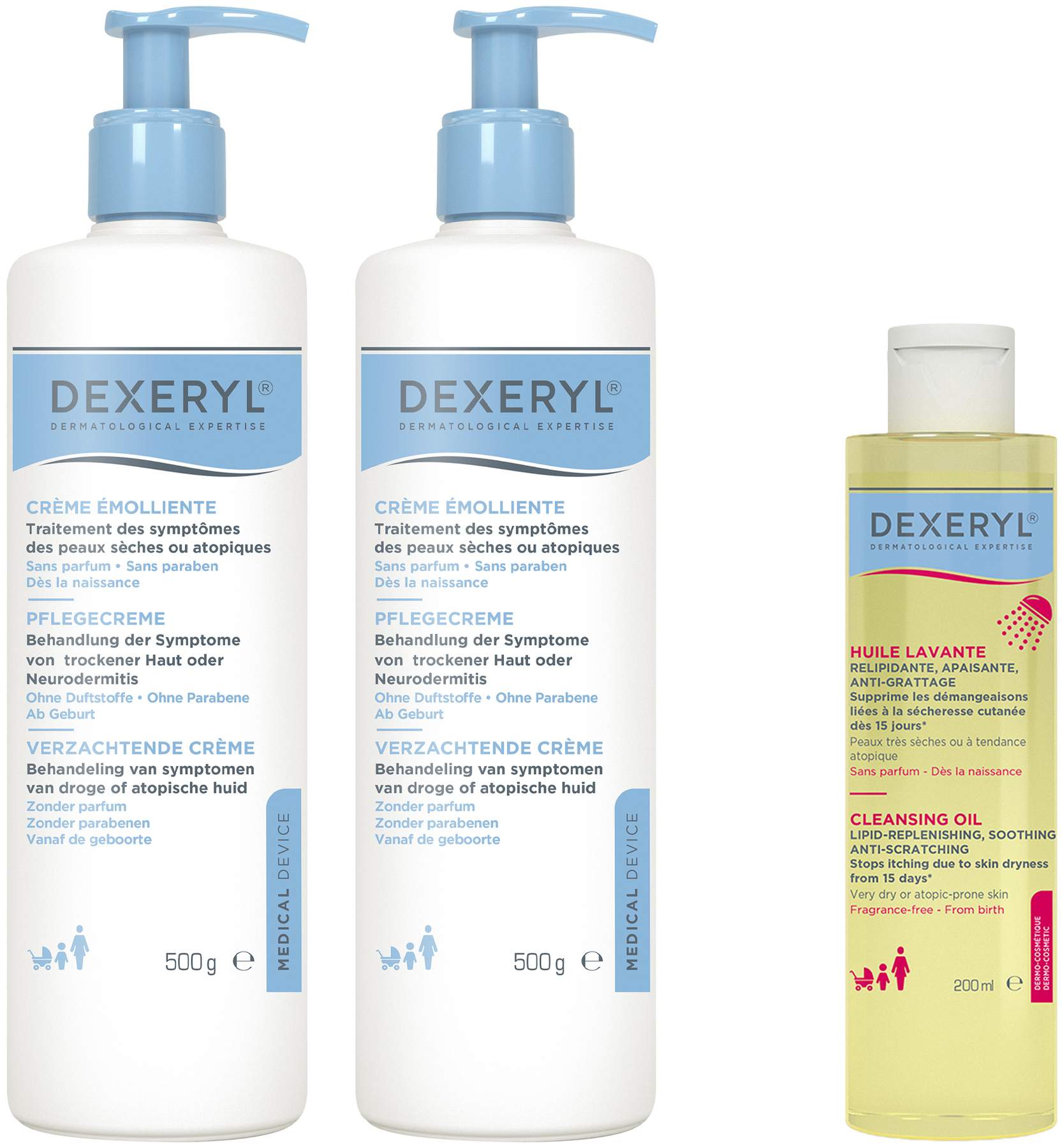 Dexeryl Pflegecreme 2 x 500 g + gratis Dexeryl Reinigungslotion 200 ml