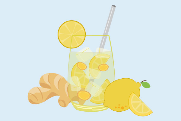 Eine Illustration eines Zitronen-Ingwer-Wassers im Glas mit Strohhalm.