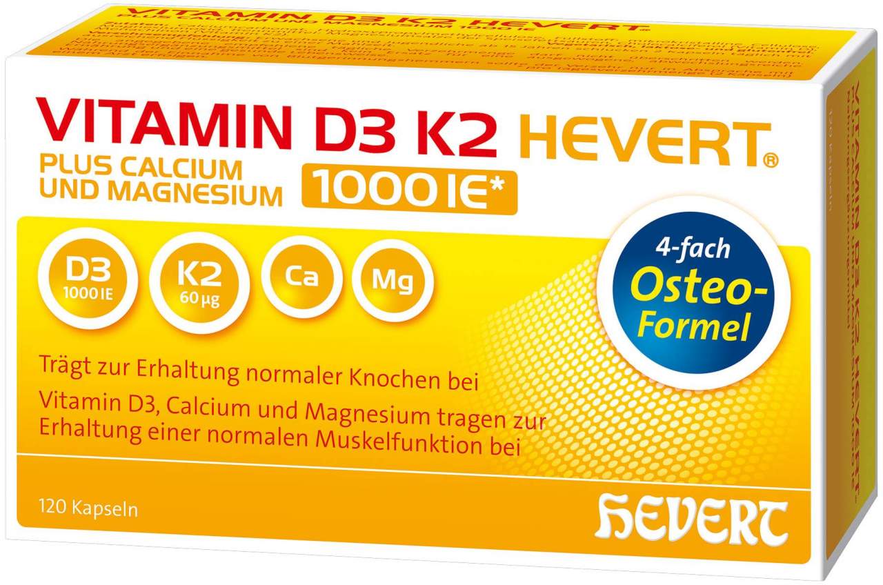 Vitamin D3 K2 Hevert plus Calcium und Magnesium 1000 I.E. 120 Kapseln