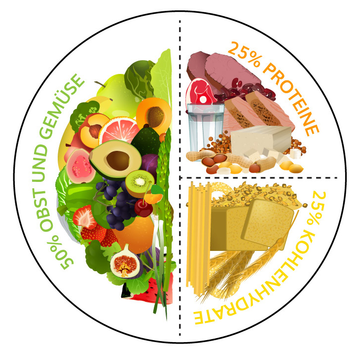 Gesunde Ernährung aufgeteilt in 50% Obst und Gemüse, 25% Proteine und 25% Kohlenhydrate