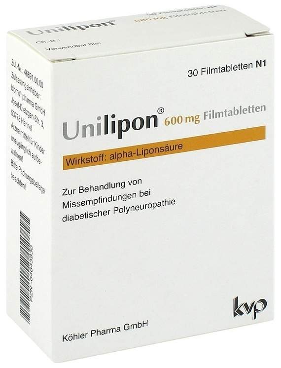 Unilipon 600 mg 30 Filmtabletten - Bei diabetischen Nervenschädigungen ( Polyneuropathie)
